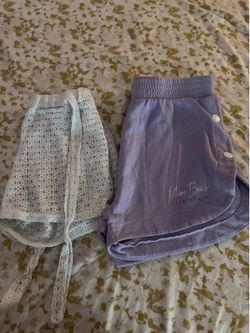 2 pc Bundle White Eyelet Beach Shorts with Lavender Snap-Button Shorts
