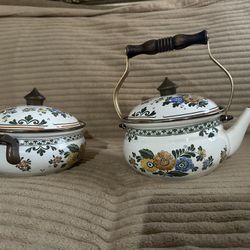 ASTA Enamelware Tea Kettle Teapot Brass Handles Floral & Enamelware Soup Pot 8.5" Dutch Oven