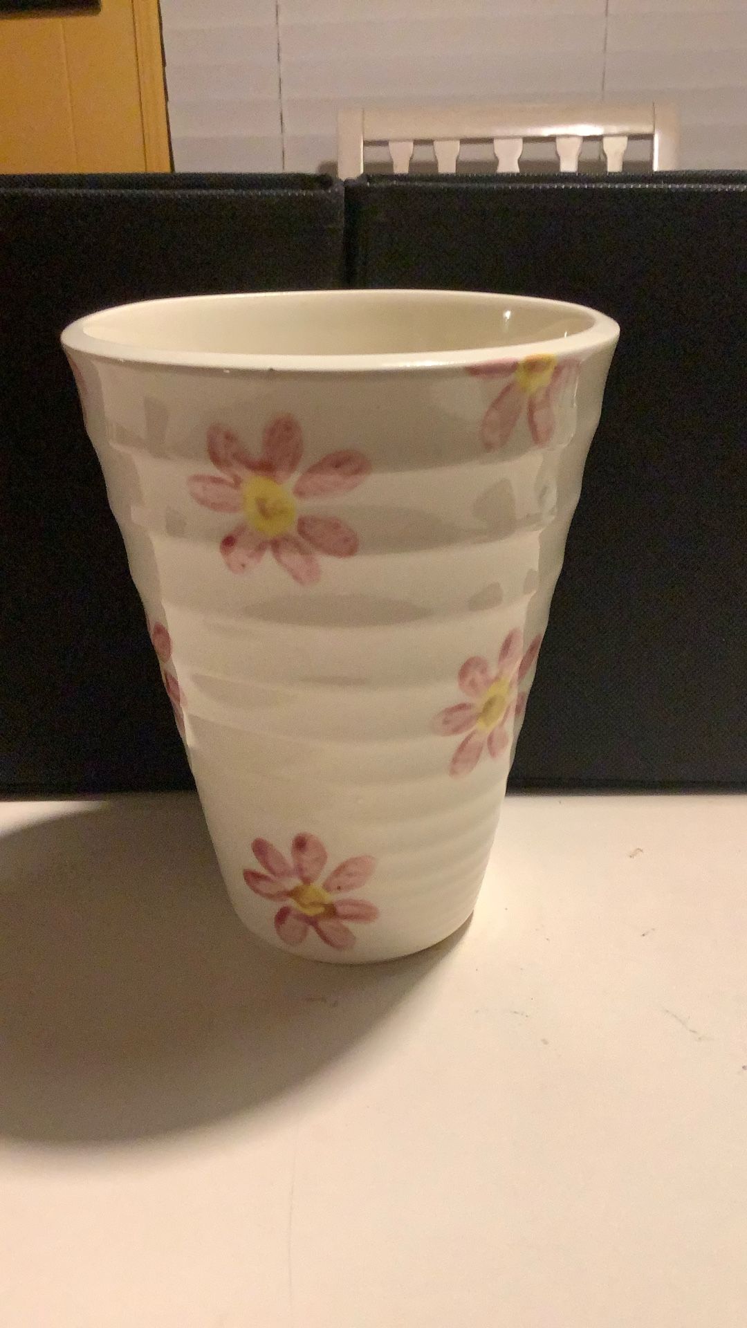 Mud Hut Vase Pink Flowers Yellow Hearts Ribbed