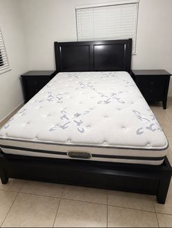 Queen Mattress with storage bed frame and two nightstands