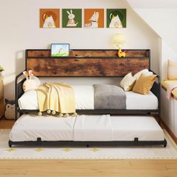 NEW LIKIMIO Daybed with Trundle, Metal Twin Bed Frame with Charging Station & Storage Headboard, Sturdy Noise-Free Day Bed for Bedroom, Guest Room