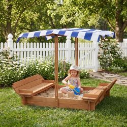 Kids Sandbox with Adjustable Cover, 46'' Wooden Sand Box with 2 Foldable Bench Seats, Outdoor Sandpit for Backyard Play
