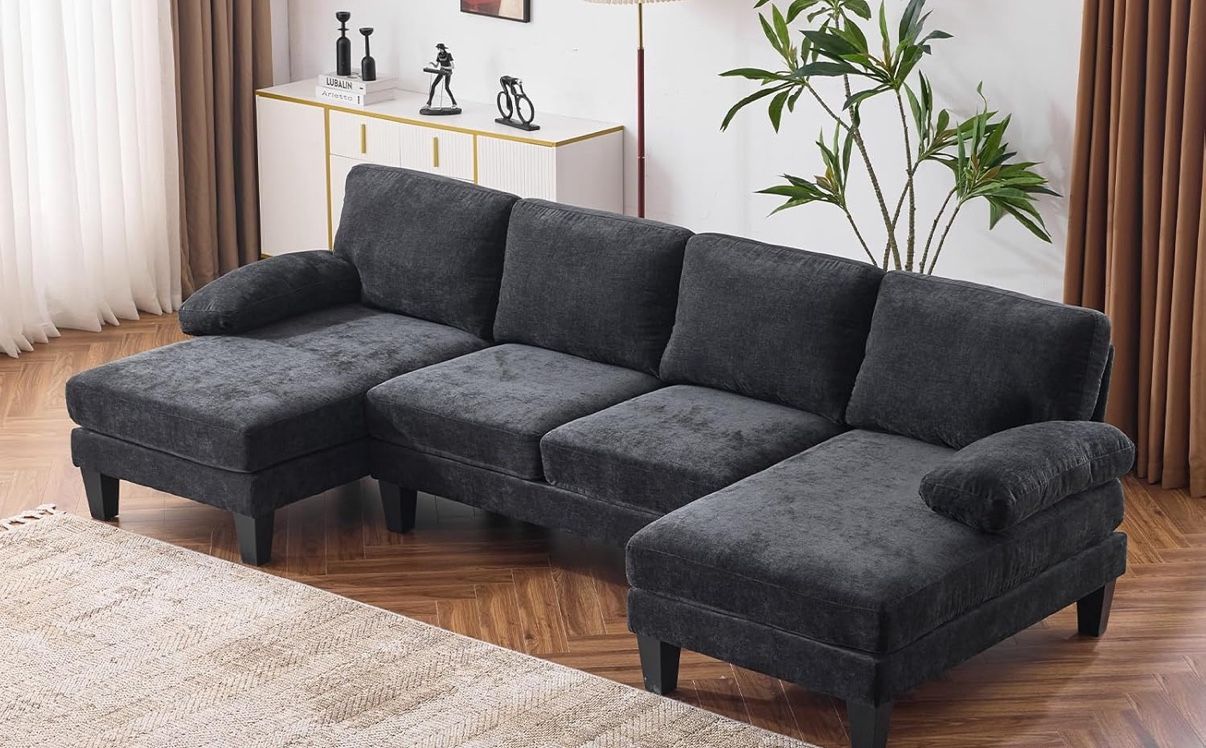 110" Sectional U Shaped Couch with Double Chaise, 4-Seat Sofa Set with Chenille Fabric - Black