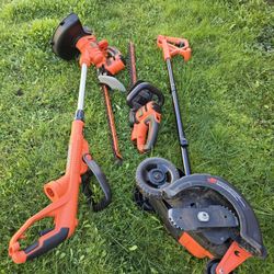 Black and decker tools , edger, 2 hedge trimers and string trimmer.  Plug in corded. 
