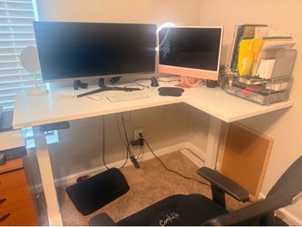 White L-Shaped Electric Standing Desk | Adjustable Sit/Stand Workstation