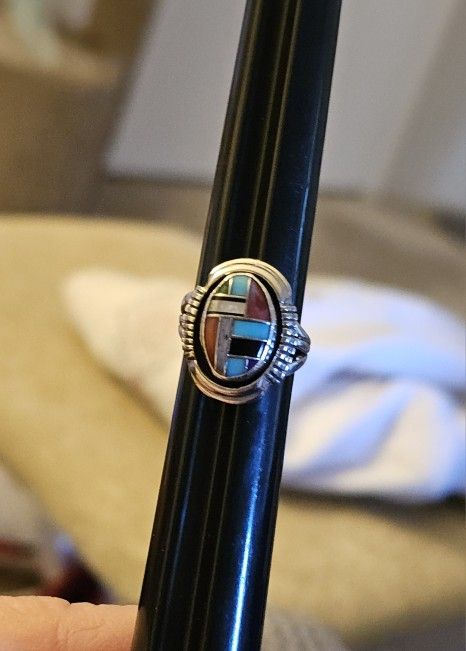 L. Yazzie Navajo Multi Inlay Stone  & Sterling Ring.  6