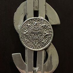 Sterling Silver Money Clip With Aztec Calendar, Used.