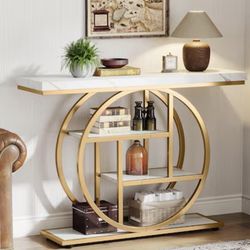 Elegant  White and Gold Industrial 4 Tier Console Table with Circle Base