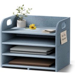 Fluxynara 4-Tier Felt File Organizer with Carry Handles, Dusty Blue Desk Paper Sorter for Documents and Folders, Easy Assembly, Portable Storage for O