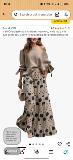 VIDI Oversized collar lantern sleeve top, wide leg pants two-piece set, sleeve tie top, polka dot printed pants set