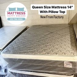Queen Size Mattress Pillow Top 14” Inches Thick Excellent Comfort Also Available: Twin, Full And King New From Factory Delivery Available