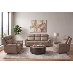 3PC KHAKI Real Leather Match Power Recliners Set w/ Power Headrest (M) $1899 FREE LOCAL DELIVERY