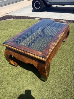 Asian Style Glass Top Coffee Table with Woven Mesh Insert
