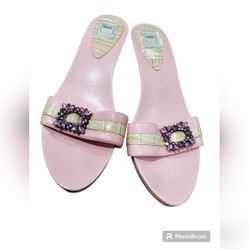 Hilary Radley Pastel Pink &amp; Tan Jeweled Mule Sandal with gold kitten heal size8 