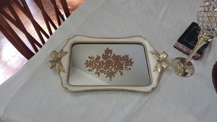 Antique mirror style tray with gold flower design