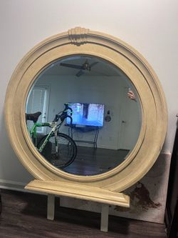 Vintage Art Deco Round Dresser Mirror – Large Blonde Wood Frame