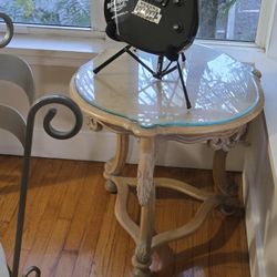 Round Custom Antique Wood Table With Glass Top