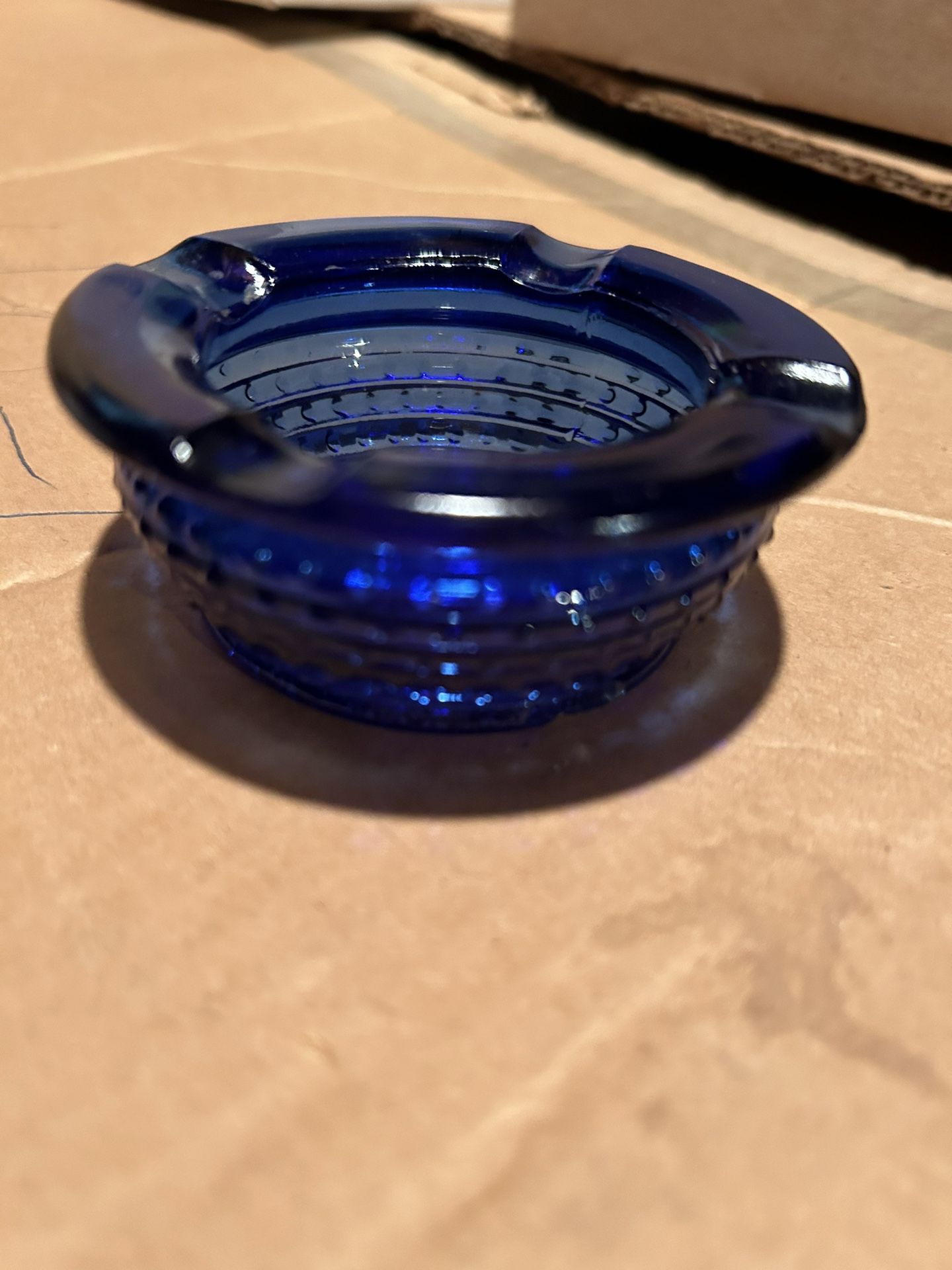 Vintage Small Cobalt Blue Glass Hobnail Spittoon Style Individual Ashtray