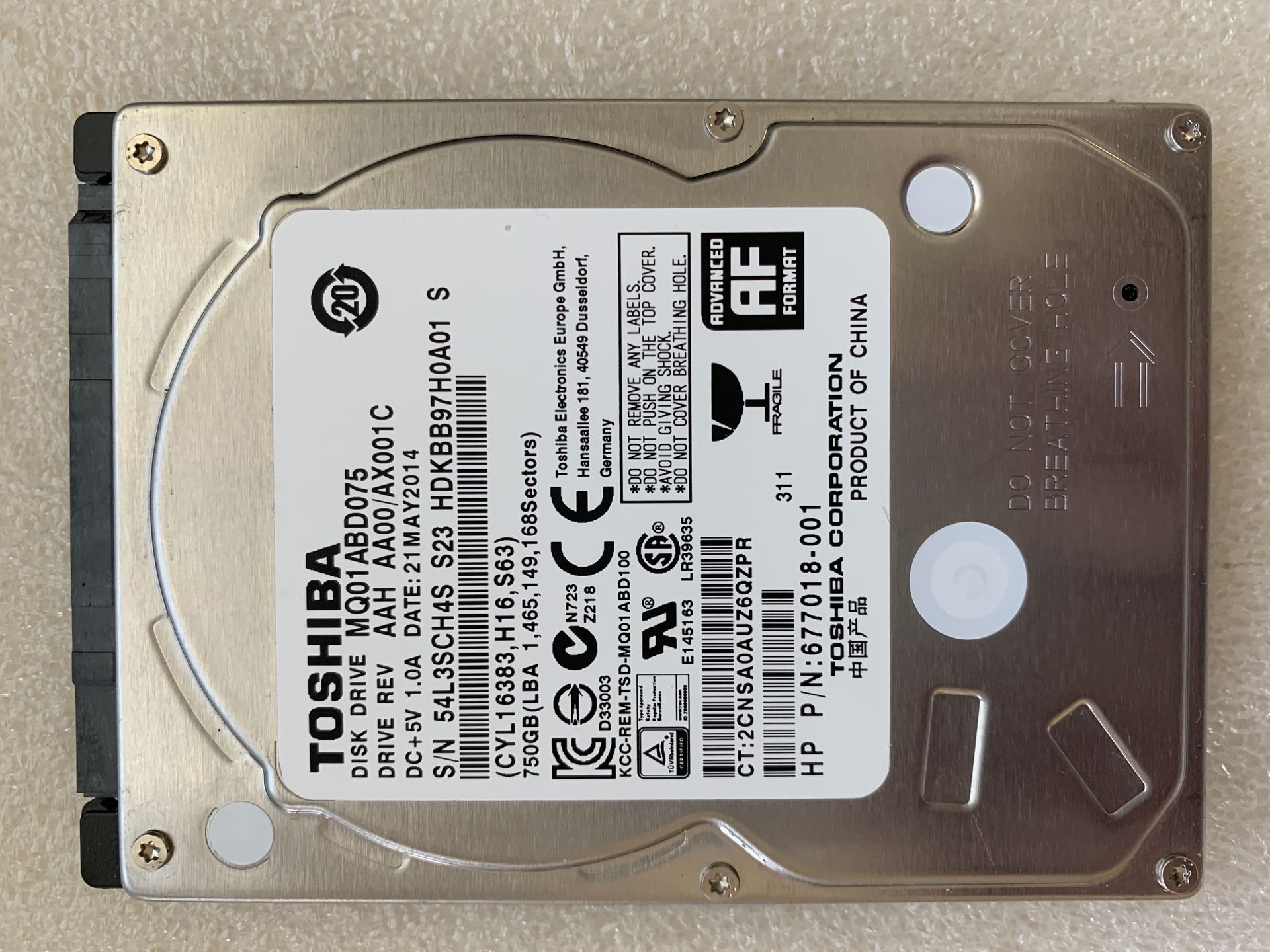 Toshiba 750gb 2.5” SATA HDD for laptop, MQ01ABD075