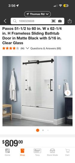 51-1/2 to 60 in. W   Frameless Sliding Bathtub Door in Matte Black