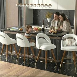 Bar Stools Set of 4, 24" Swivel Counter Height Bar Stools, Upholstered Barstools with Backs, Solid Wood Legs for Kitchen Island, Velvet in Creamy Whit