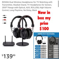 New ROSIDA Dual Wireless Headphones for TV Watching with Transmitter, Headset Stand, TV Headphones for Seniors, 295FT Range with Optical, AUX, RCA,USB