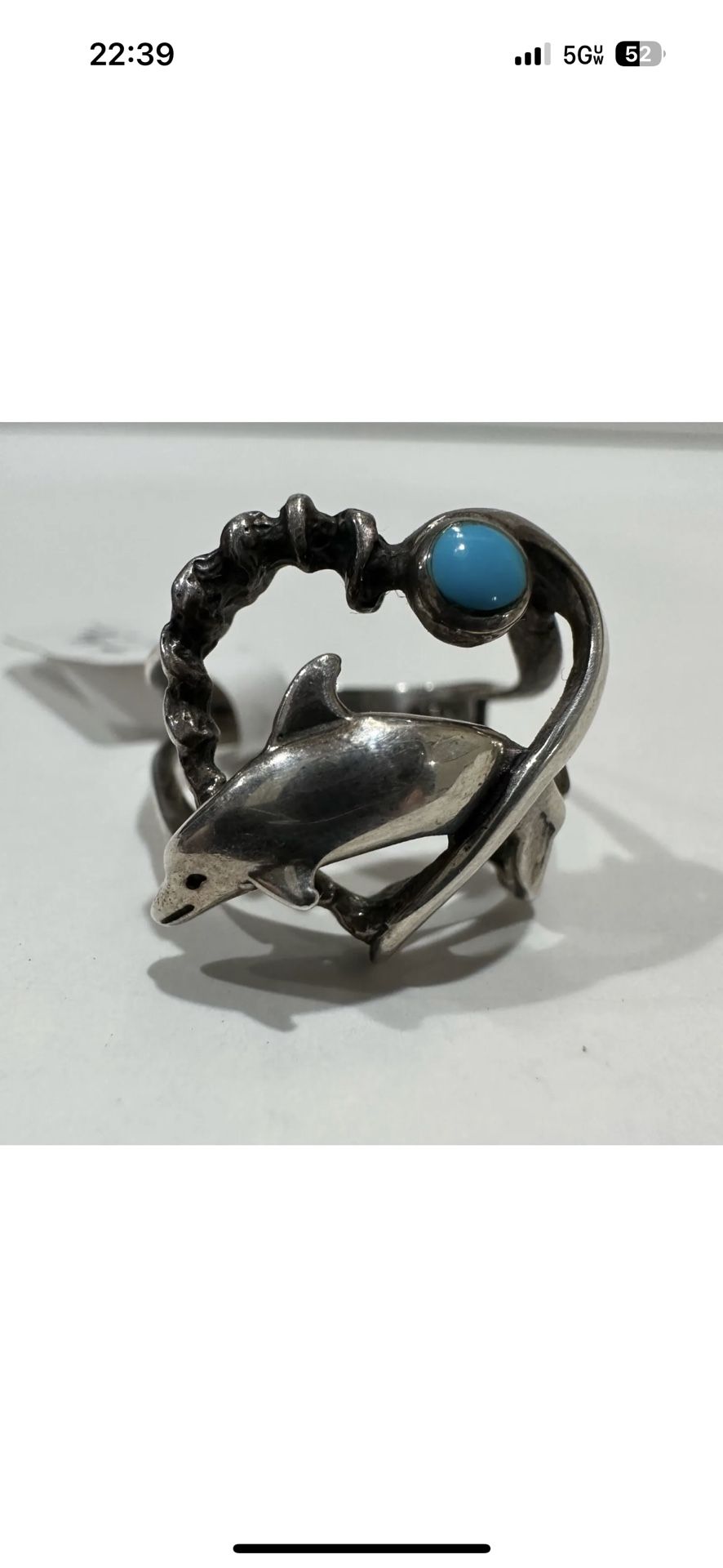 VINTAGE DESIGNER SIGNED TED OTT STERLING SILVER DOLPHIN HEART TURQUOISE RING ! SIZE 8 1/2