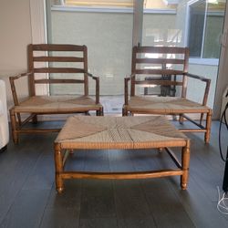 Vintage Boho Ladder Back Rush Chairs And Ottoman 