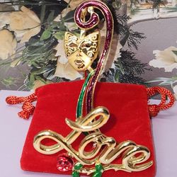 #2349, VINTAGE ENAMEL  BROOCHES, MASK 2"IN AND LOVE 1.5IN 