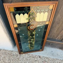Framed Stained Glass Religious Cross 19 3/4" X 39 3/4"
