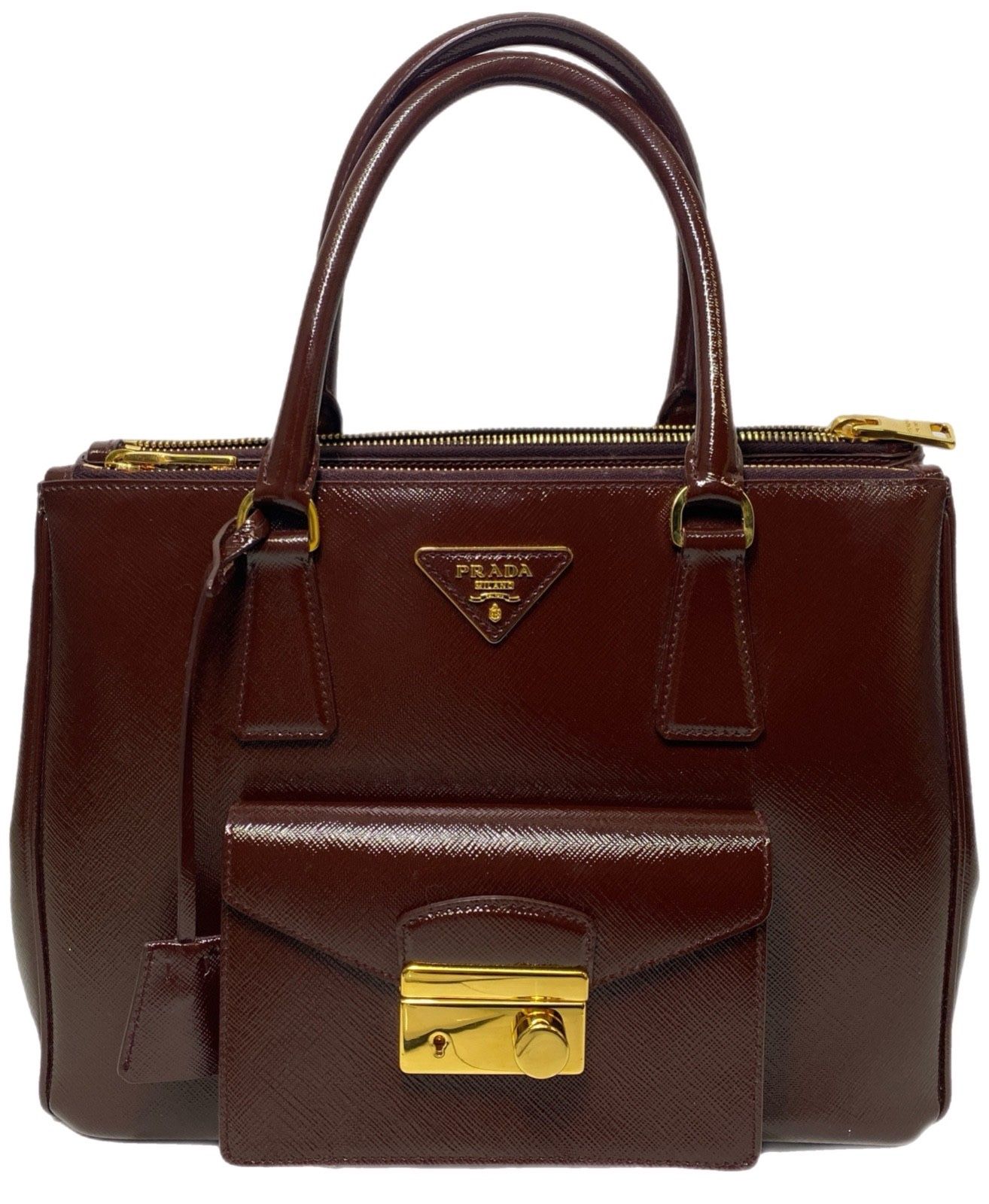 EXCELLENT Prada Saffiano Vernice Galleria Leather Double Zip Front Pocket Tote Cherry  Gift Christmas New Year Weekend Party Birthday