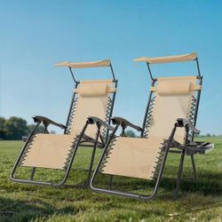 (Set of 2) Patio Zero Gravity Chair with Cup Holding Tray and Canopy Sun Shade Metal Outdoor Recliner w/ Cream Cushions