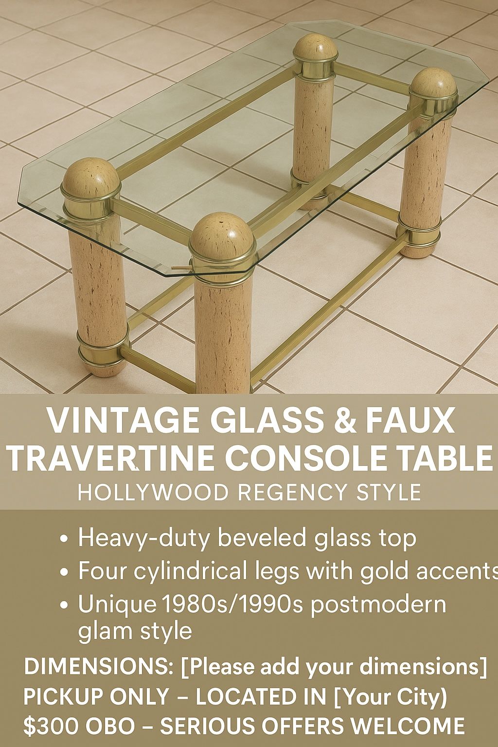 Vintage Glass & Faux Travertine Console Table – Hollywood Regency Style