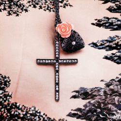 Black Metal Cross + Charms Necklace 