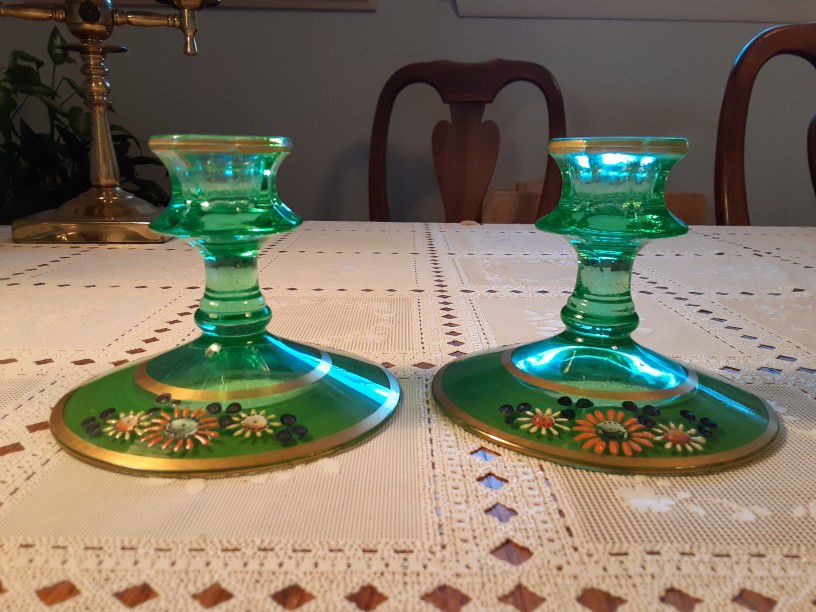  A PAIR OF REALLY BEAUTIFUL  VINTAGE  Green And GOLD Candle HOLDER'S 