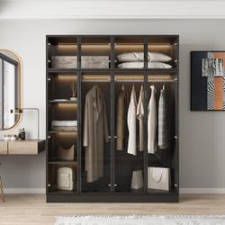 Black Wooden Tempered Glass Doors Wardrobe Armoires