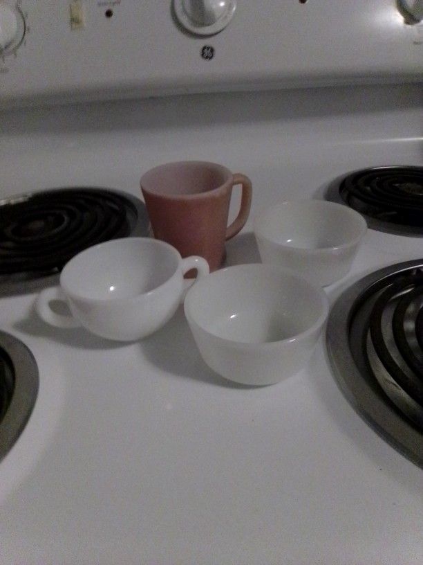 Milk glass Coffee Or Tea Cup And Sugar Bowl And Two Custard cups 