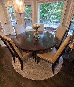 60" Elegant Round Dining Table Set – Dark Wood + 5 Cream Chairs – Good Condition