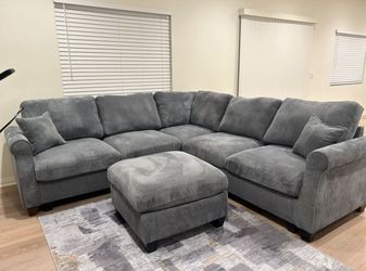 Gray Corduroy Sectional Sofa With Ottoman
