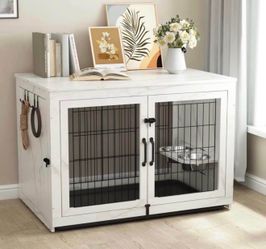 Piskyet Wooden Dog Crate Furniture with 360°Rotatable Removable Dog Bowls, Dog Crate End Table with Tray, Double Doors Dog Kennels for XLarge Dogs Ind