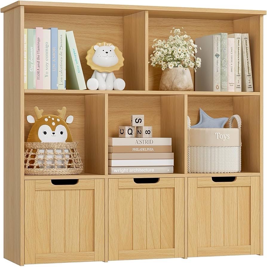 B02 Toy Storage Organizer with 3 Movable Drawers, Floor Storage Cabinet Toy Chest with Hidden Wheels and 5 Storage Cubbies, Multifunctional Stor