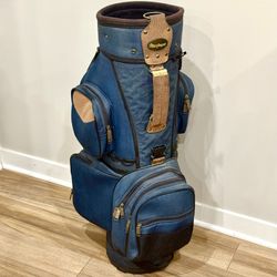 Vintage MacGregor Golf Cart Carry Bag Blue Tan Leather Trim 6-Way Divider Clubs
