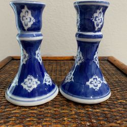 Pair Of Blue And White Silvestri Candle Holders 