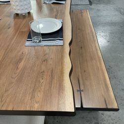 92” Wooden Dining Table With Bench & 4 Beige Chairs