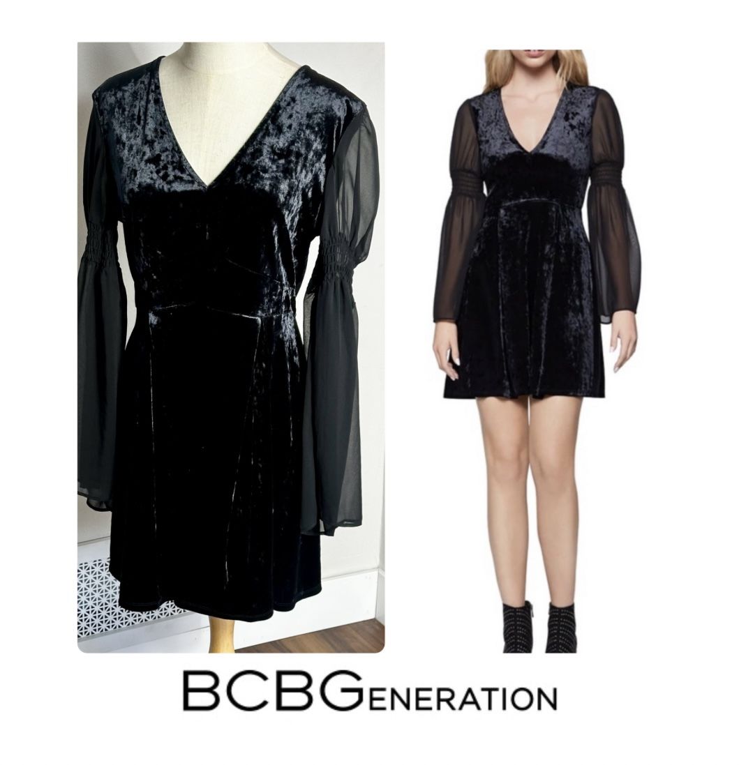 BCBGeneration Black Velour Dress Sheer Sleeves Mini Dress | Size L