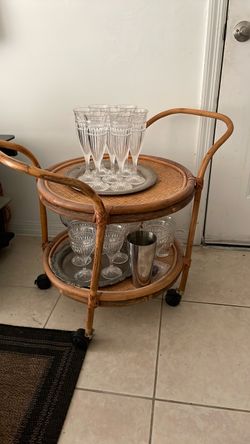 Rattan Two-Tier Bar Cart on Wheels