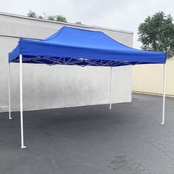 (NEW) $130 Heavy-Duty 10x15 ft Popup Canopy Tent Instant Shade with Carry Bag, White/Blue 