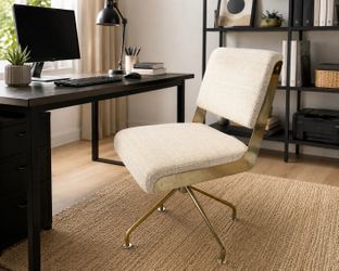 Mid-Century Modern Cream Bouclé Office Chair w/ Brass Base