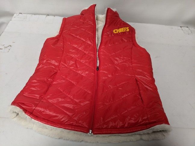 Womens Kansas City Chiefs Faux Fur Puffer Vest WHITE RED Revesible