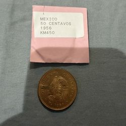 1956 Mexico 50 Centavos Cuauhtemoc Aztec Warrior Bronze